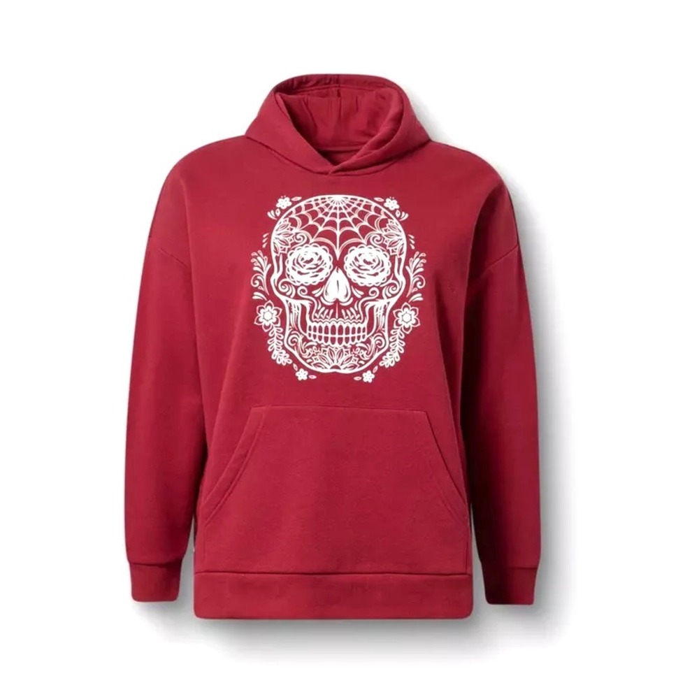 NWT Torrid Burgundy Graphic Whimsigoth Grunge Calavera Skull Fleece Hoodie-2X